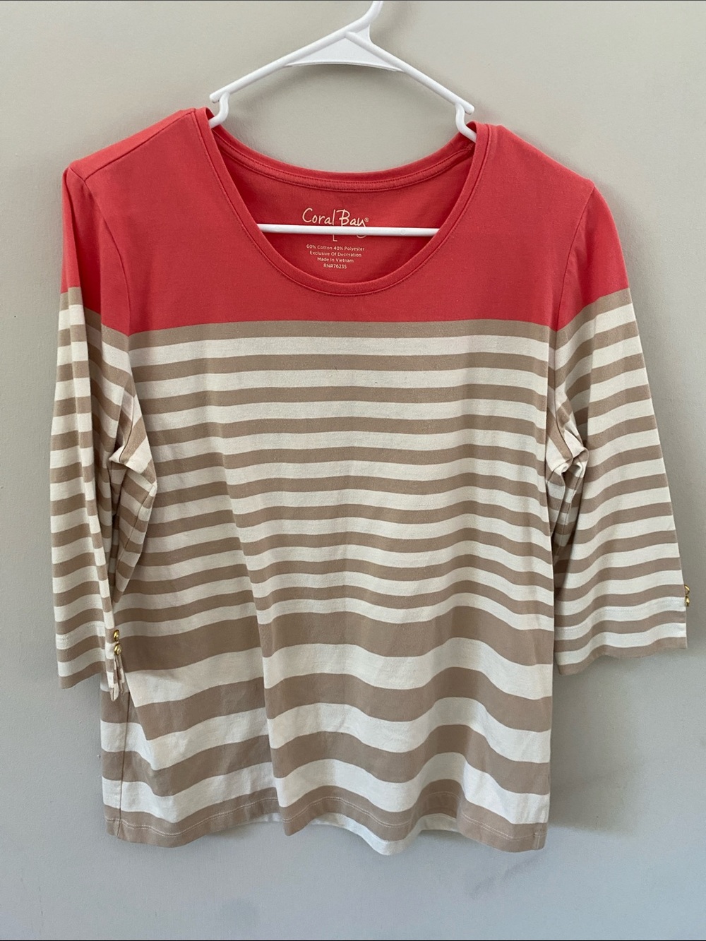 Coral Bay Coral Yoke with Tan and White Striped Long Sleeve Top